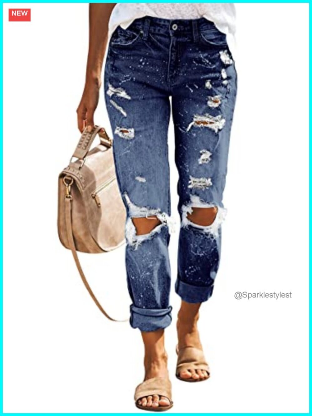 Ripped Mid Waisted Boyfriend Jeans Loose Fit Distressed Stretchy Denim Pants